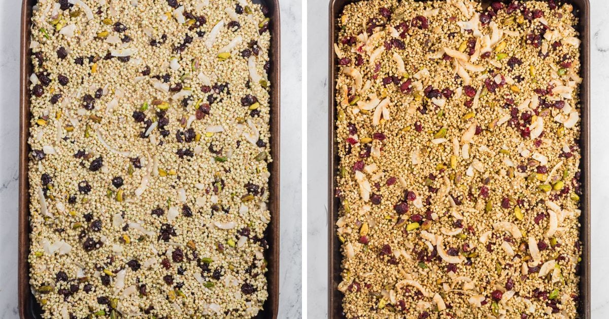 buckwheat granola on baking trays before and after baking.
