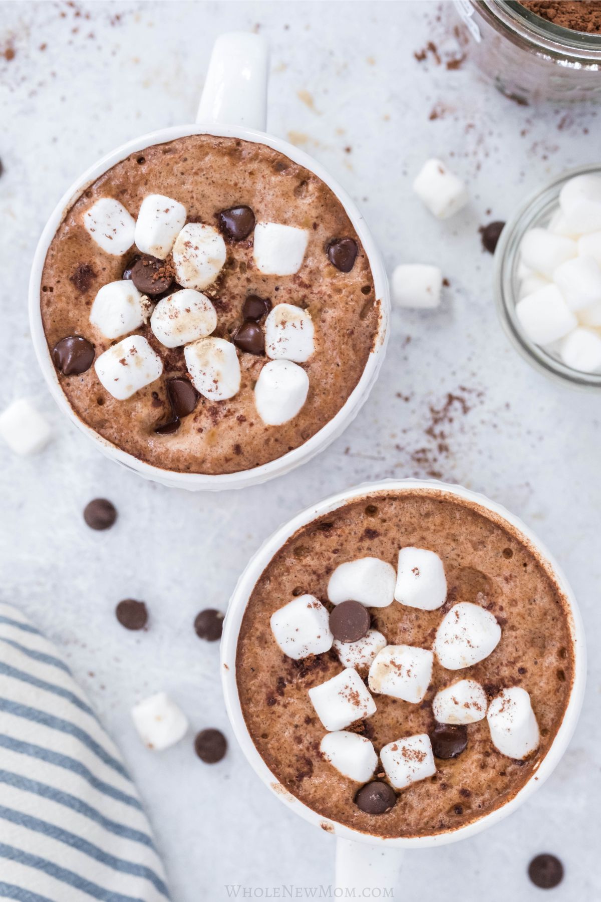 sugar free dairy free homemade hot chocolate with mini marshmallows and chocolate chips.