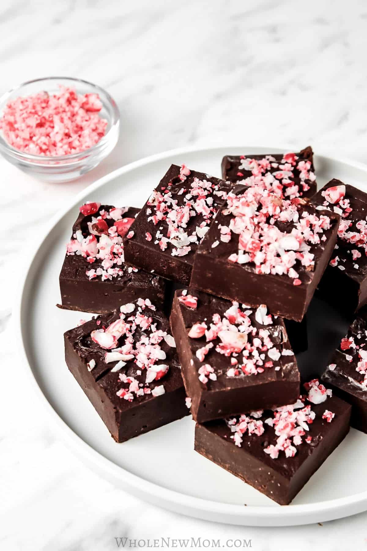 keto peppermint fudge on white plate