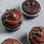 healthy chocolate cupcakes with healthy chocolate frosting and mini chocolate chips.