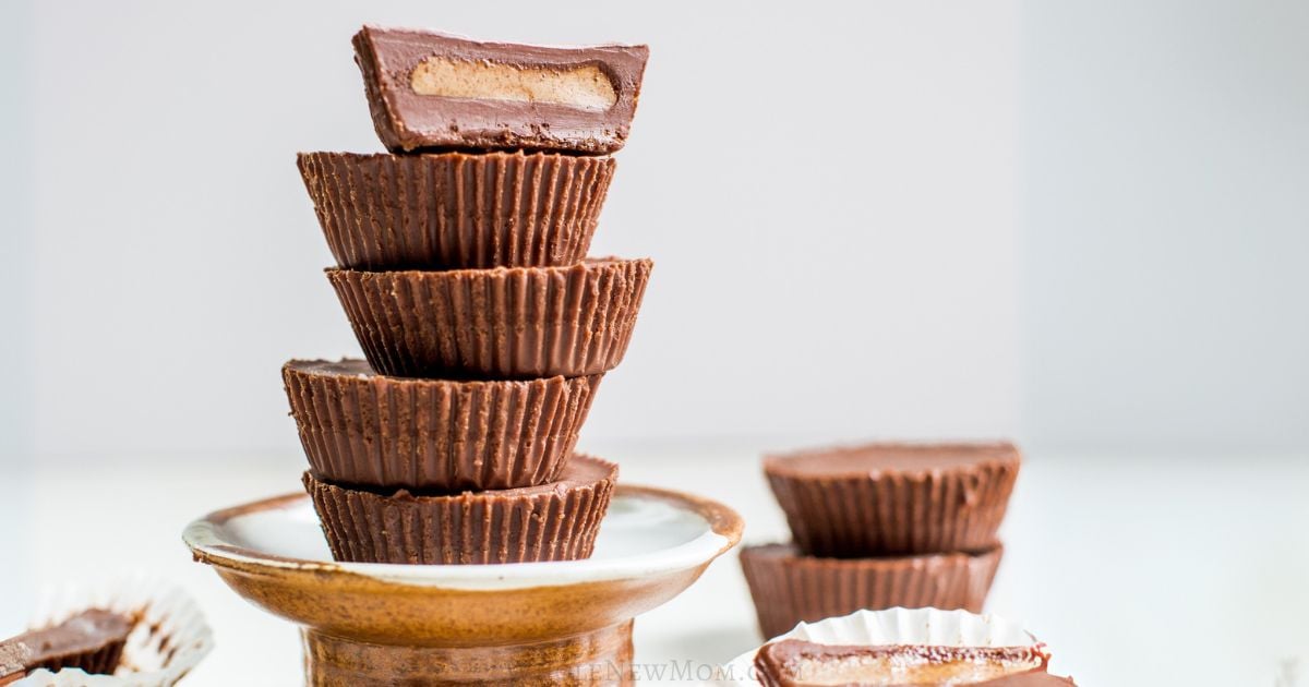 homemade sugar-free peanut butter cups on small pedestal.