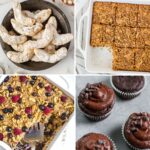 collage of coffee cake, oatmeal cake, chocolate cupcake, and crescent cookies.