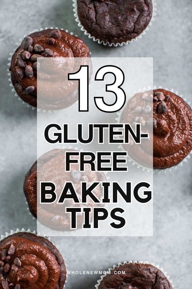 healthy chocolate cupcakes with text overlay saying 13 gluten-free baking tips.