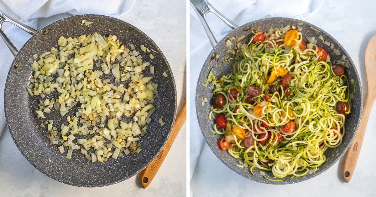 step by step zucchini noodles with cherry tomatoes.