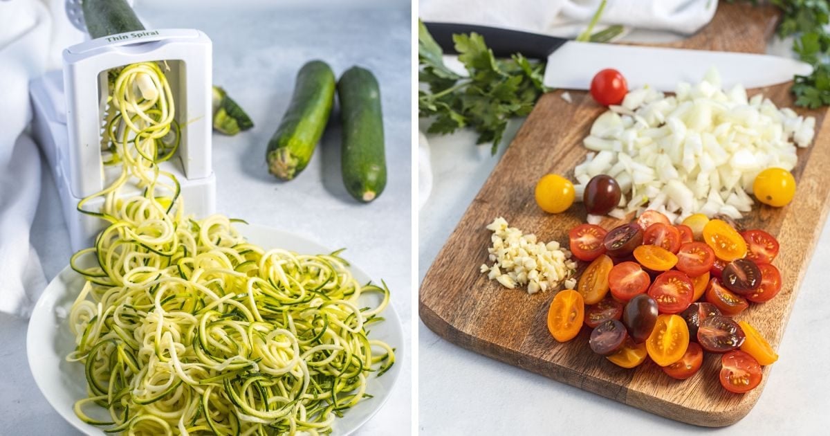 zucchini noodles with cherry tomatoes step by step.
