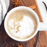 caffeine-free chai latte in white mug.