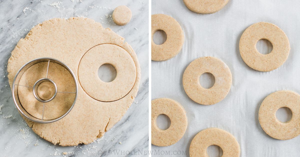 steps for cutting out healthy doughnuts from dough.