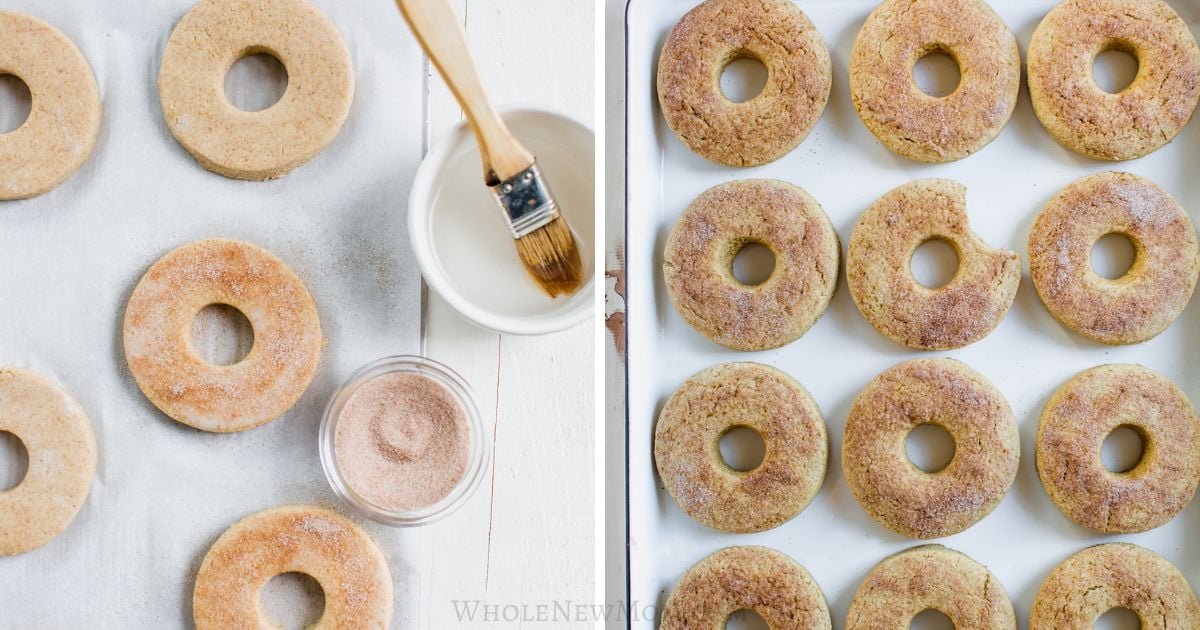 steps for making whole-grain doughnuts: putting cinnamon sugar on healthy doughnuts and baking them.