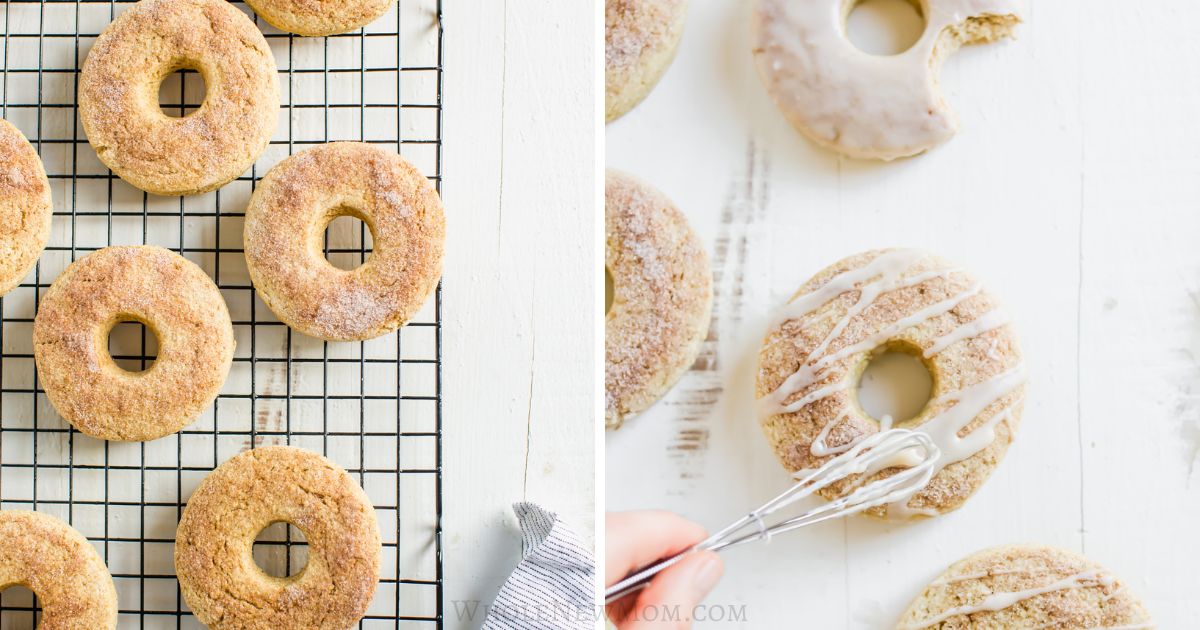 cooling healthy doughnuts on cooling rack and putting healthy glaze on them.