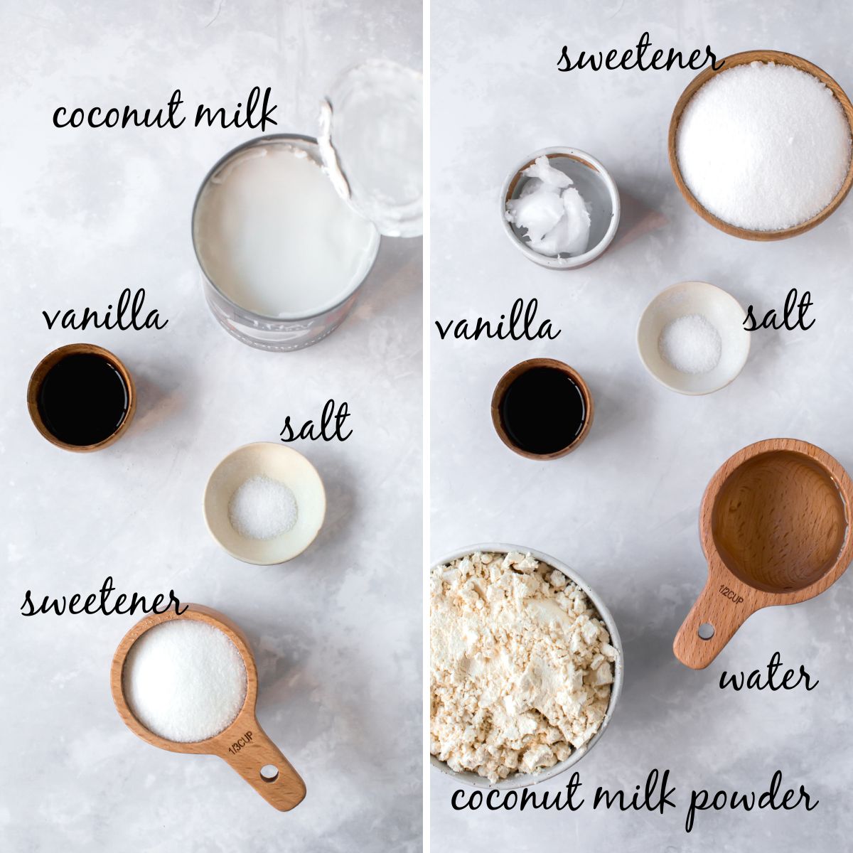 two sets of ingredient for easy dairy free condensed milk.