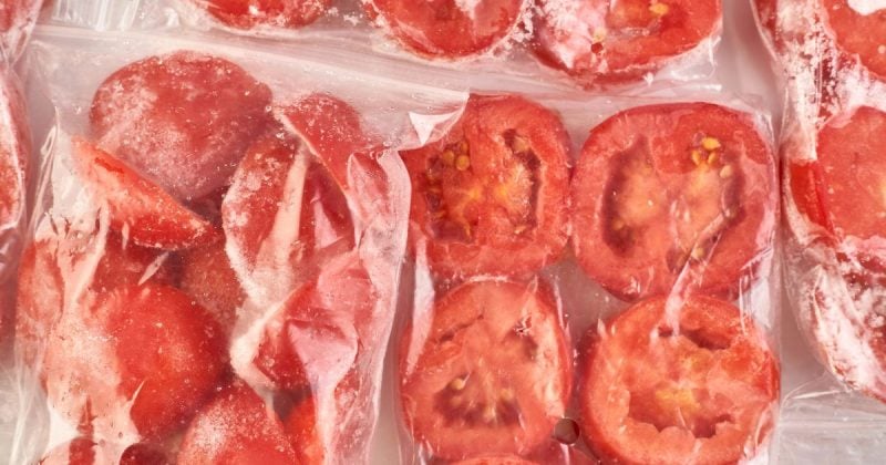 frozen tomato halves in bags.