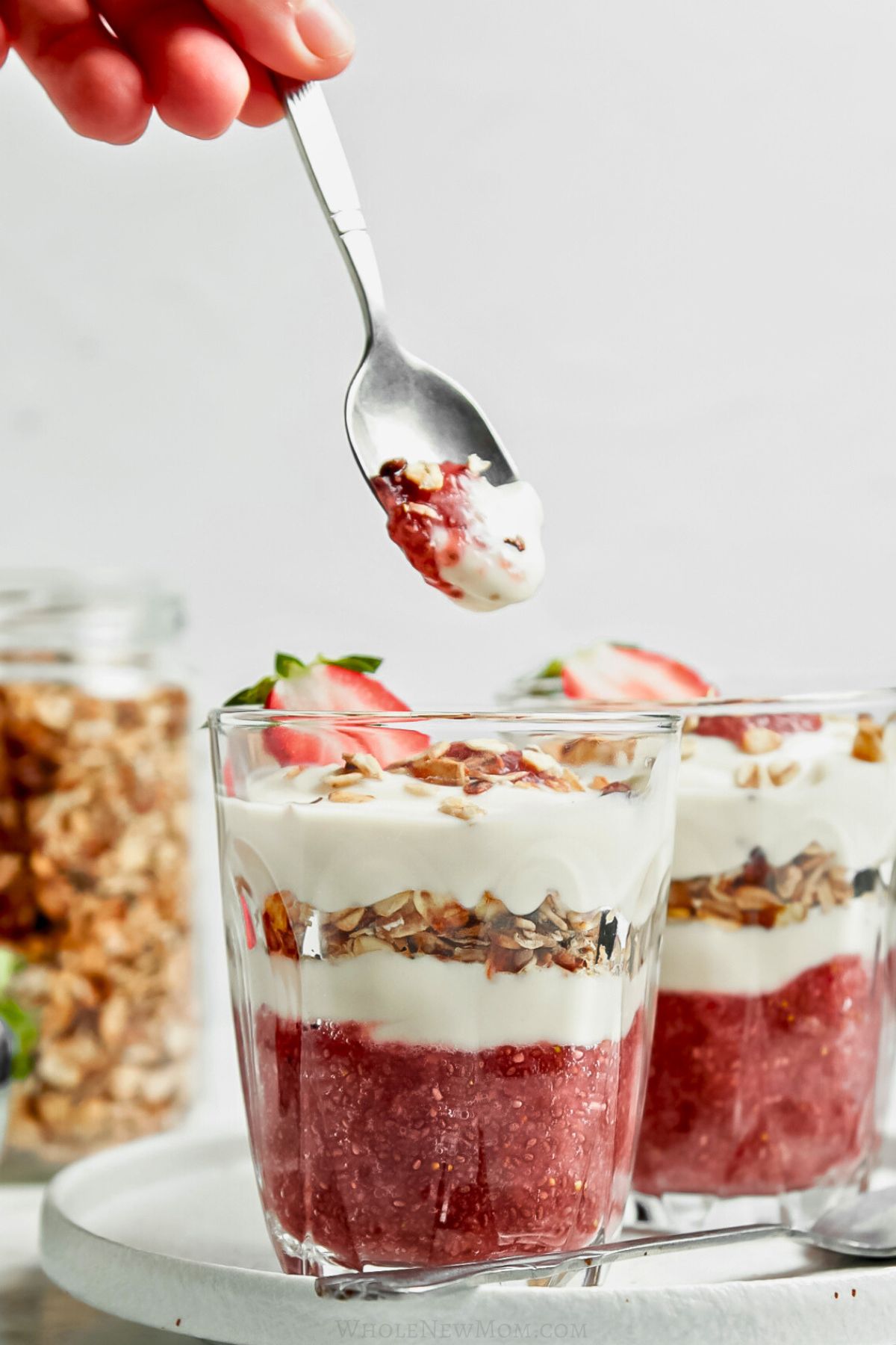 coconut yogurt parfait in glass dessert cups.