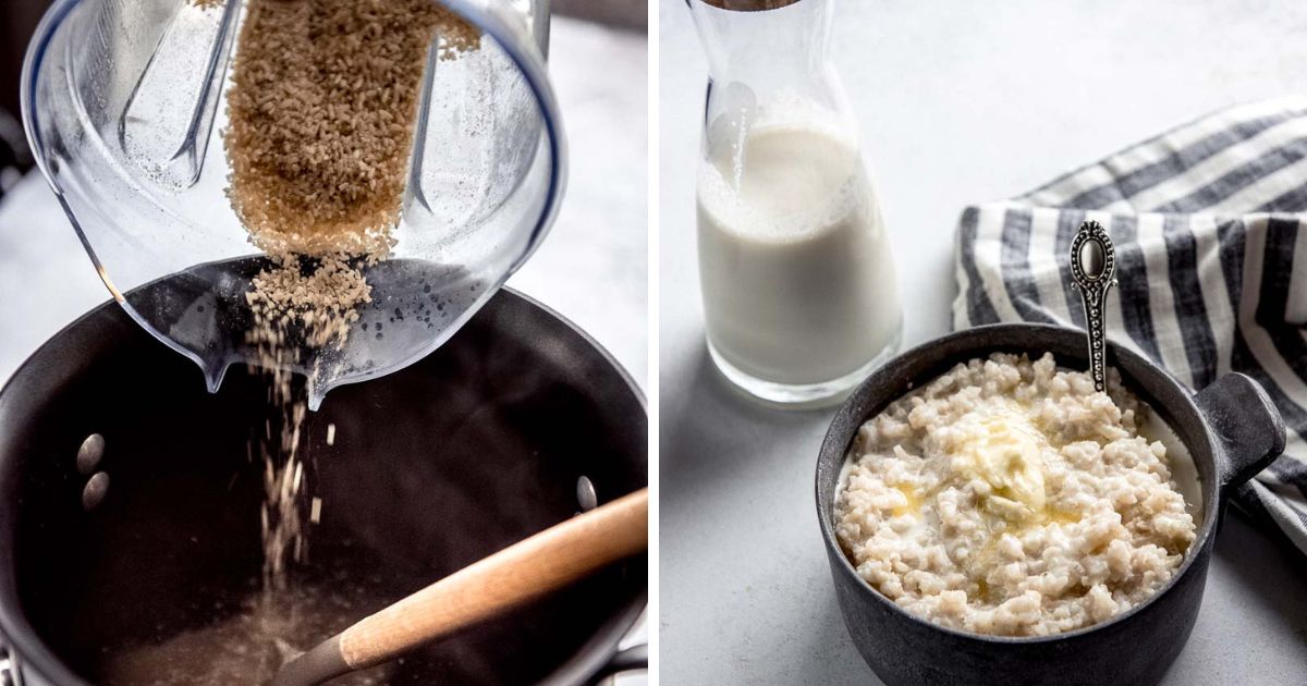 steps for making homemade cream of rice including pouring ground rice into pot and cream of rice in a bowl with butter.