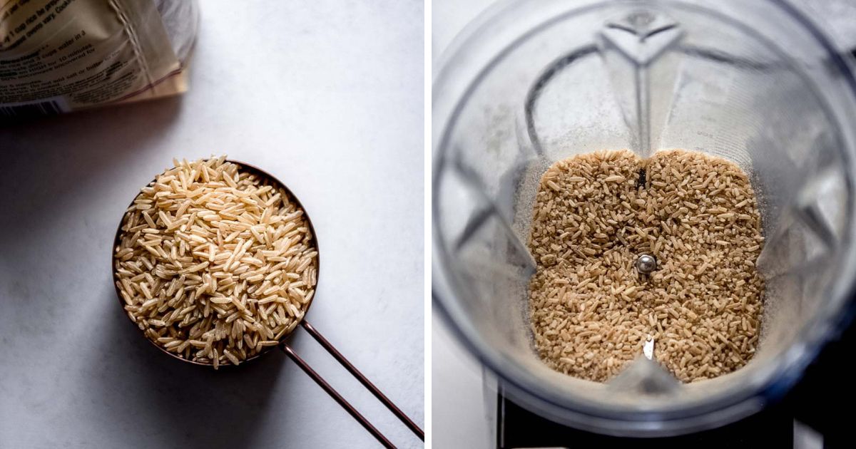 steps for making cream of rice cereal including rice in measuring cup and chopping the rice in a high speed blender.