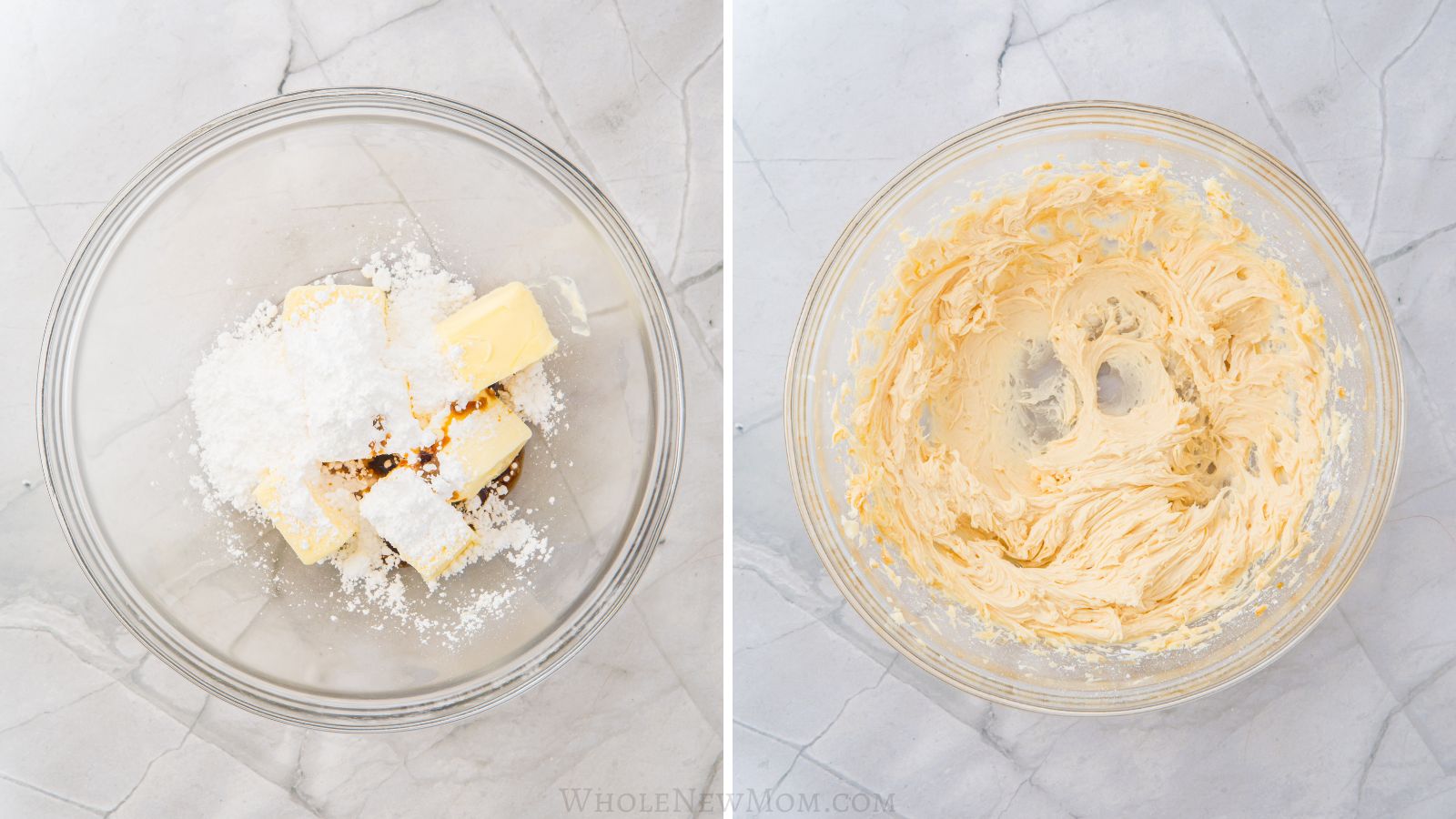 creaming butter and sweetener in glass bowl for keto snowball cookies.