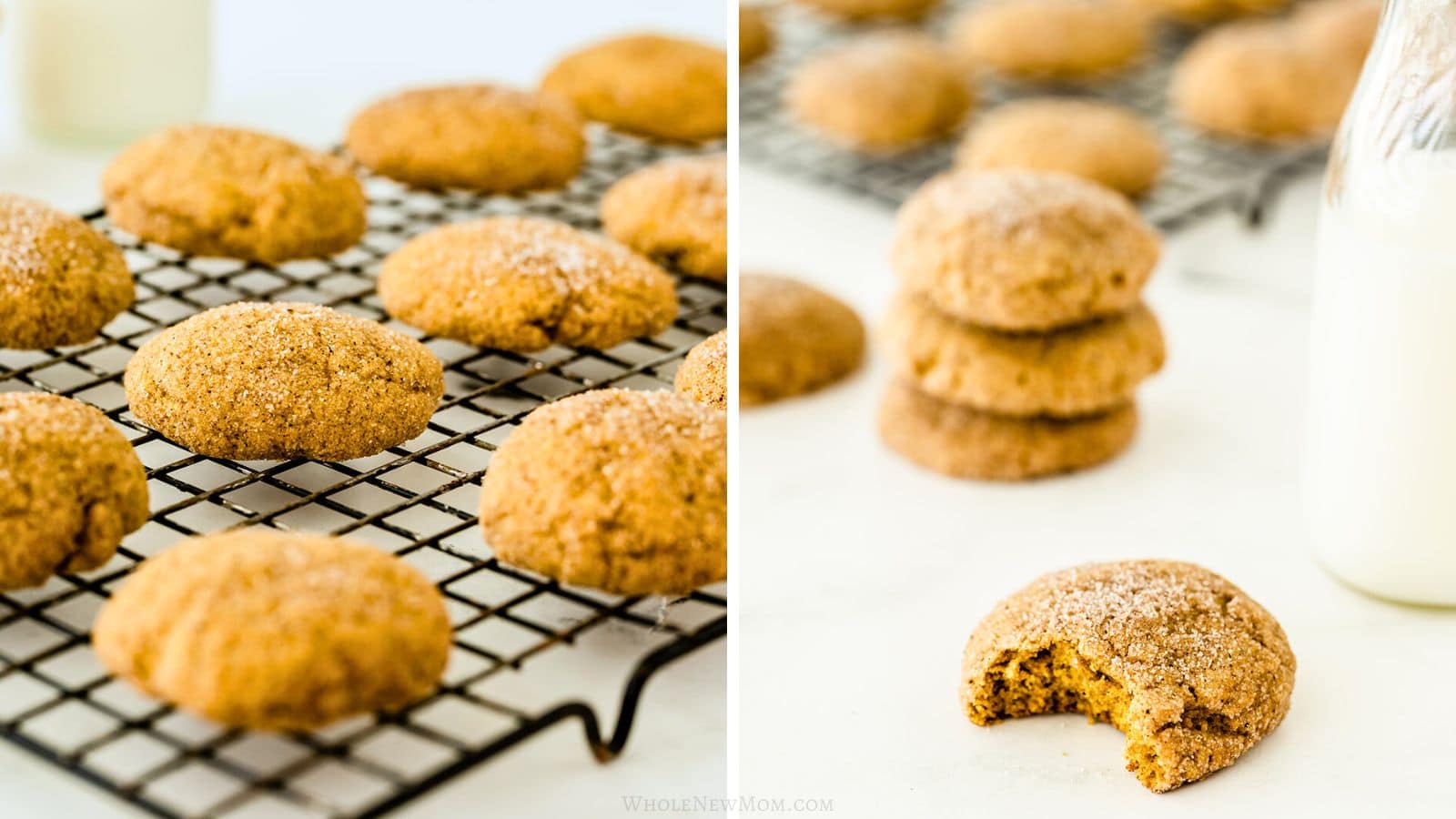 gluten-free pumpkin snickerdoodles on cooling rack and on table in a pile and with bite taken out of one.