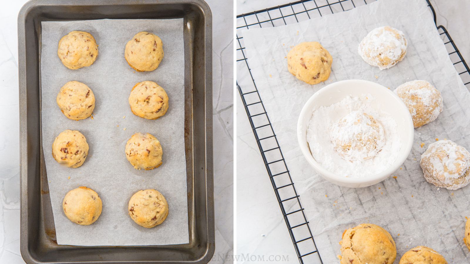 baked keto snowball cookies on baking tray and coating them with sweetener.