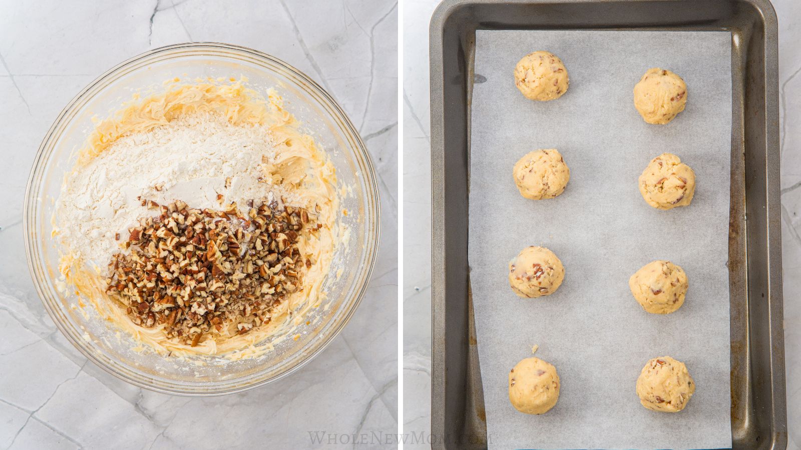 mixing dough for keto snowball cookies and dough balls on baking sheet.