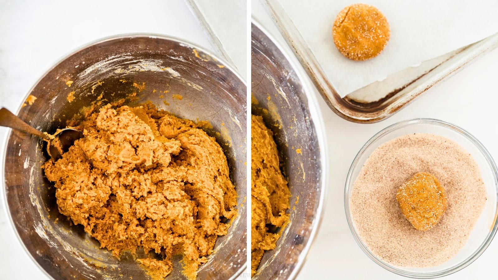 gluten-free pumpkin snickerdoodle dough in bowl and being rolled in sugar/sweetener.