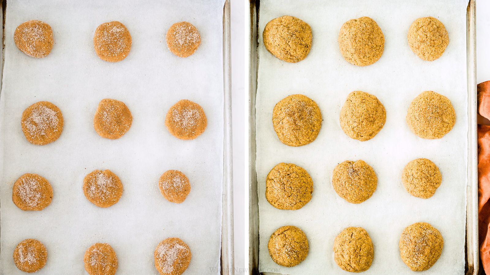 gluten-free pumpkin snickerdoodles on baking tray before and after baking.