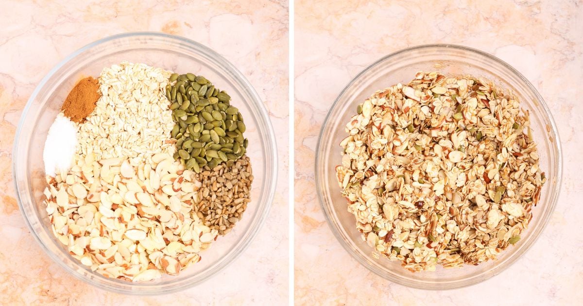 Mixing oats, seeds, and sliced almonds: the steps for making sugar-free granola.