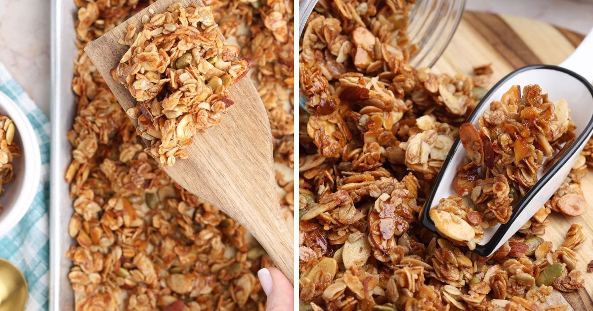steps for making sugar-free granola. Breaking it into chunks and putting in jar.