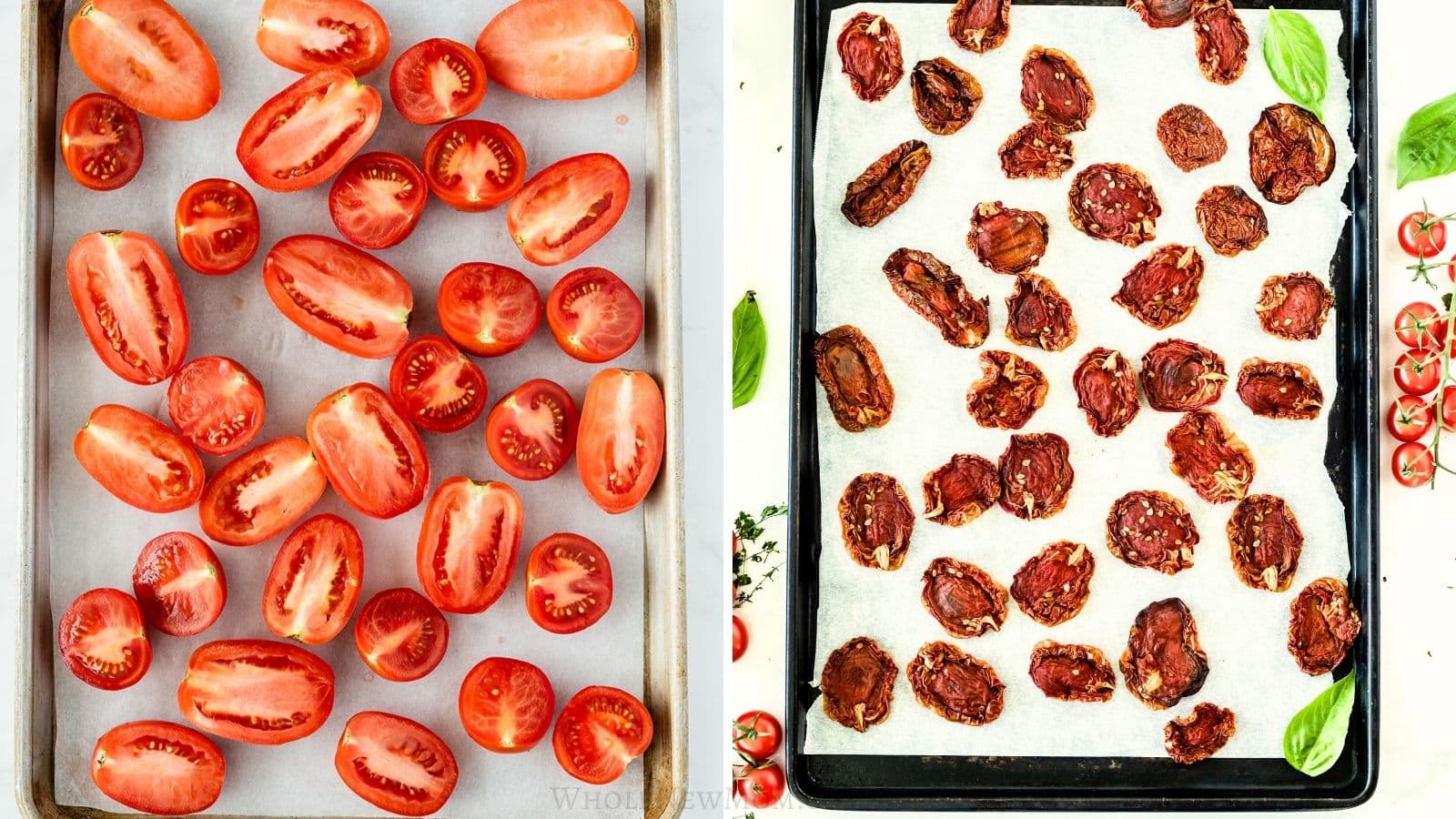 sliced tomatoes on baking sheet with parchment before and after making homemade sun-dried tomatoes in oven.