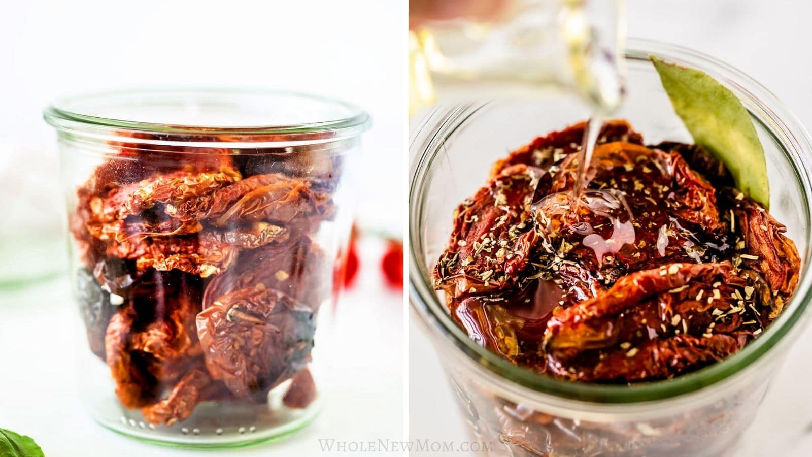 homemade sun-dried tomatoes in glass jar plain and pouring olive oil on them with dried herbs.