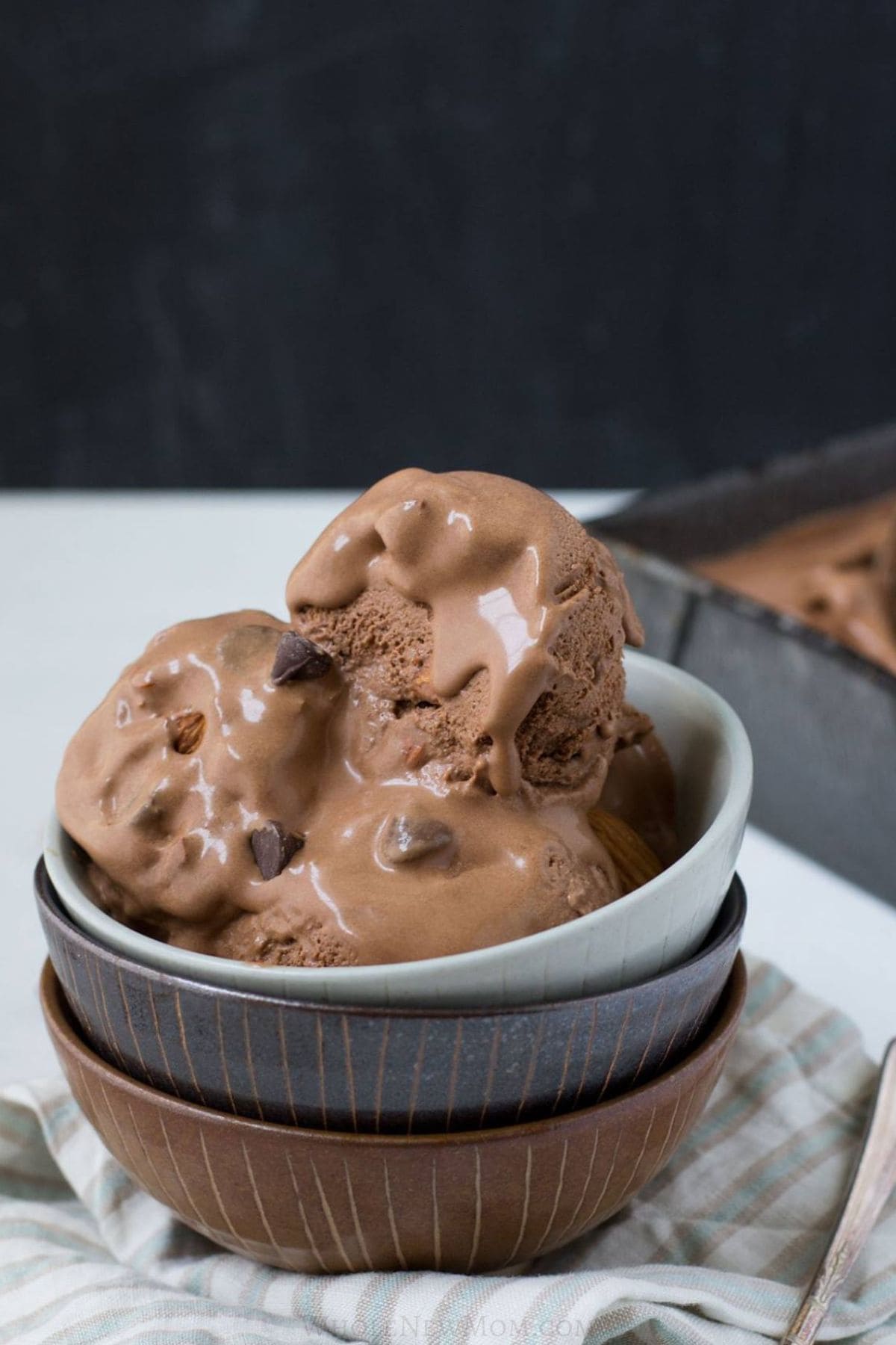 chocolate almond chip ice cream in bowls.