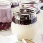 coconut panna cotta in glass dessert jar with blueberry compote.