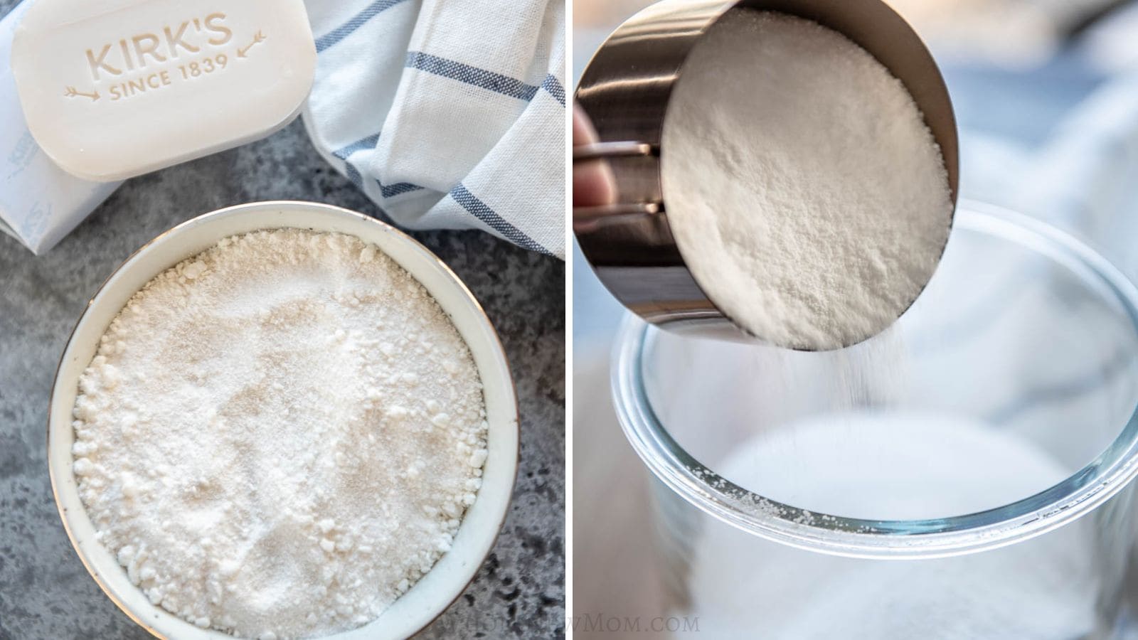 ground castile soap in white bowl with bar and scooping non-toxic laundry detergent into a glass container