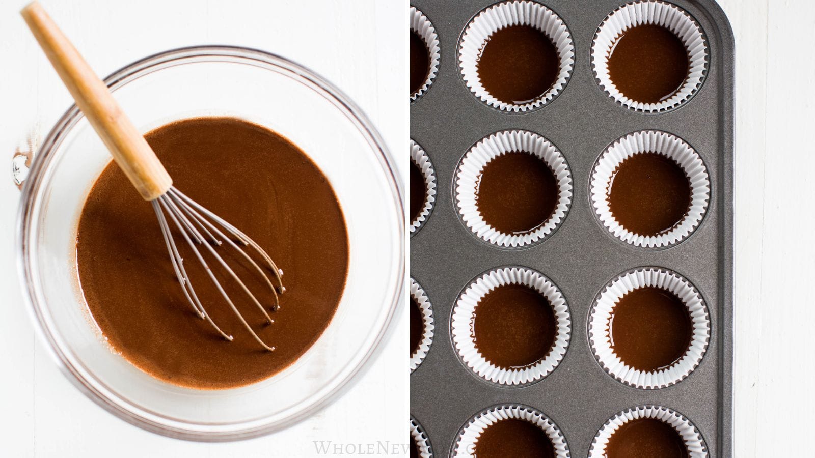 chocolate for almond butter cups with whisk and bottom layer of keto almond butter cups in mini muffin tin.