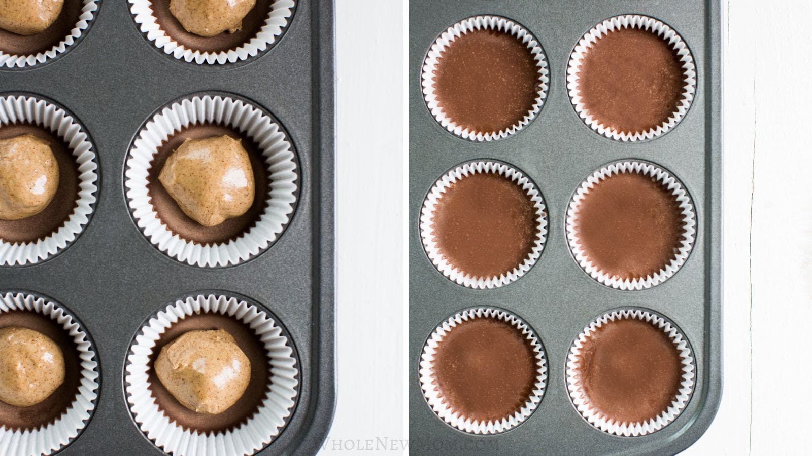 almond butter middle layer for keto almond butter cups in mini muffin tin and finished with top chocolate layer.