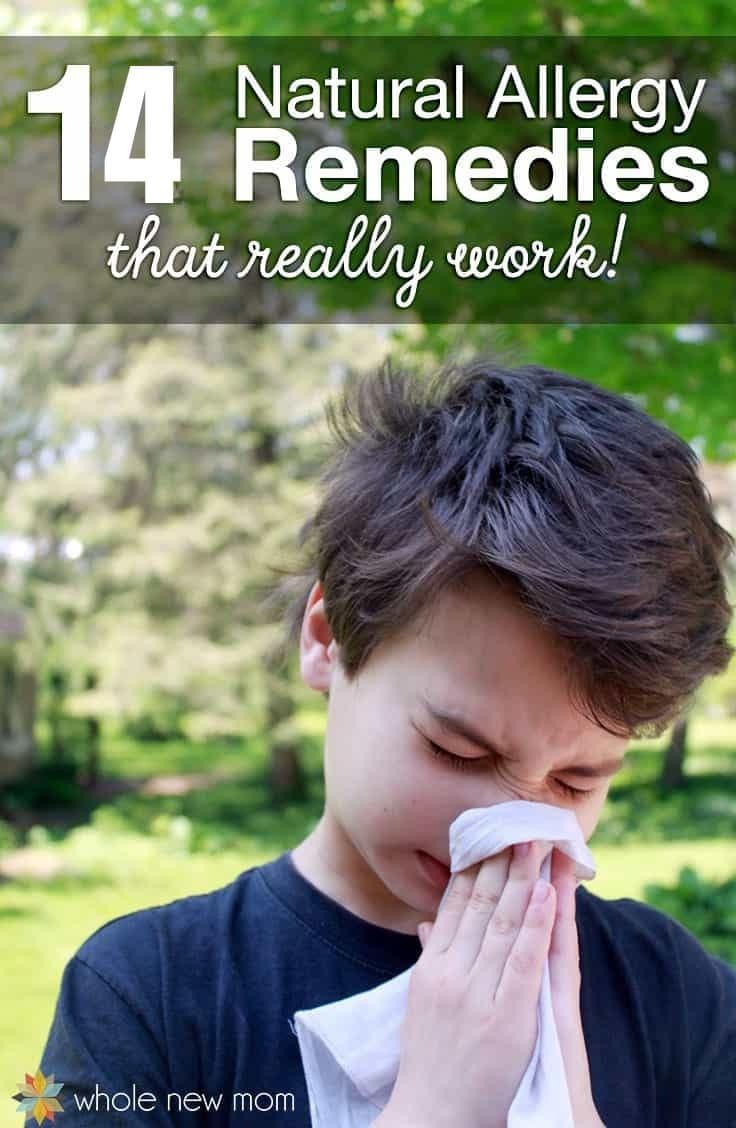 boy blowing nose with title saying 14 Natural Allergy Remedies That Really Work.