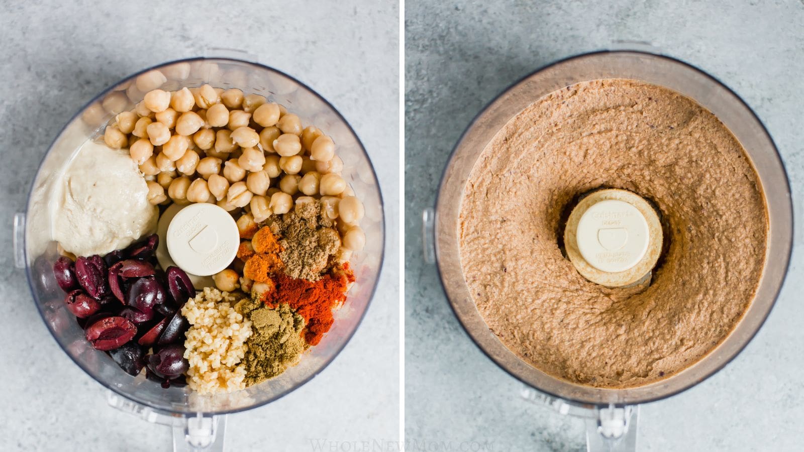olive hummus ingredients separate and also blended in food processor bowl.