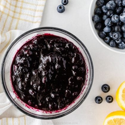 sugar-free blueberry syrup in glass bowl.