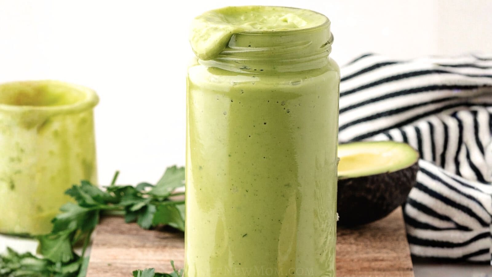 dairy free avocado dressing in jar.