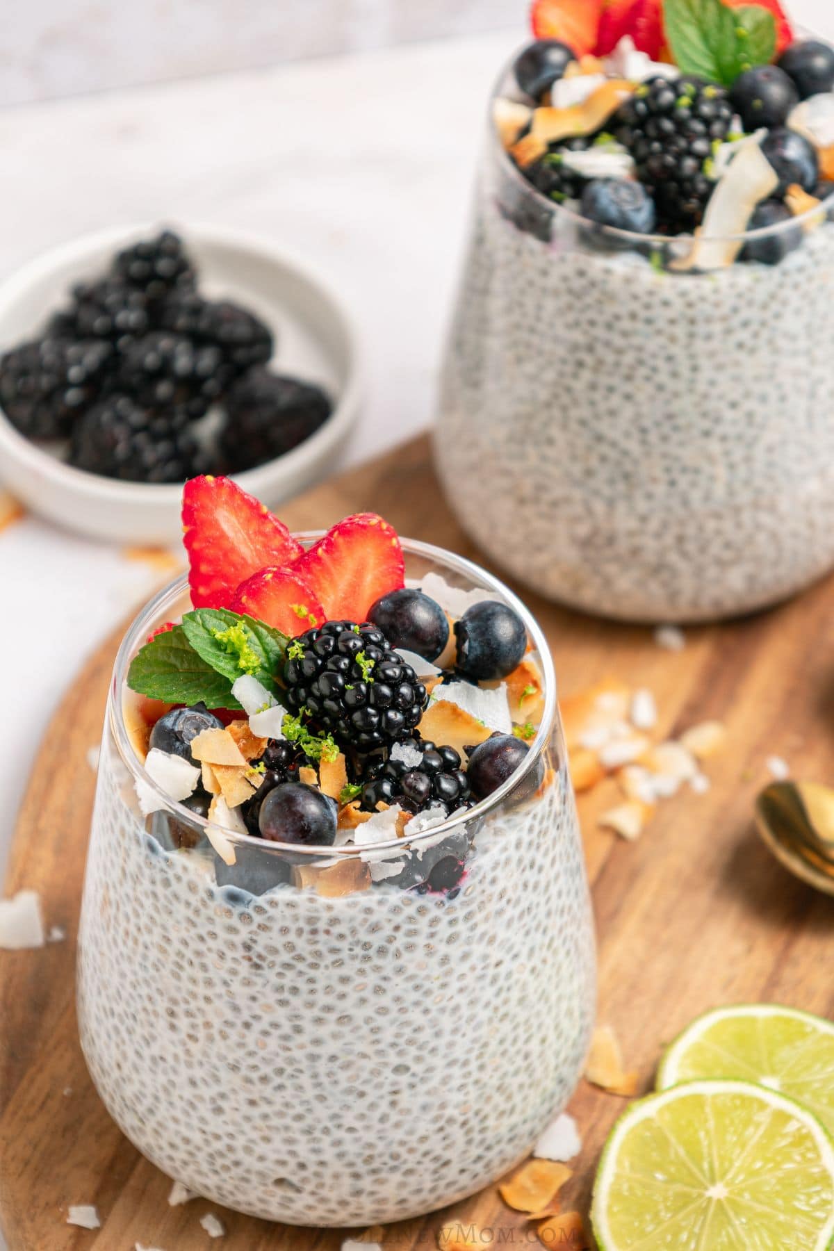 dairy-free chia pudding made with coconut milk topped with fresh berries