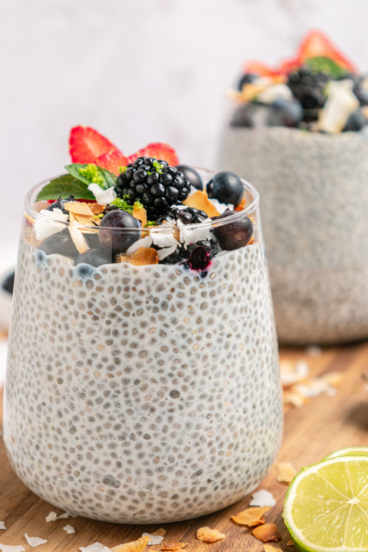 healthy coconut milk chia pudding with strawberries, blueberries, and shredded coconut