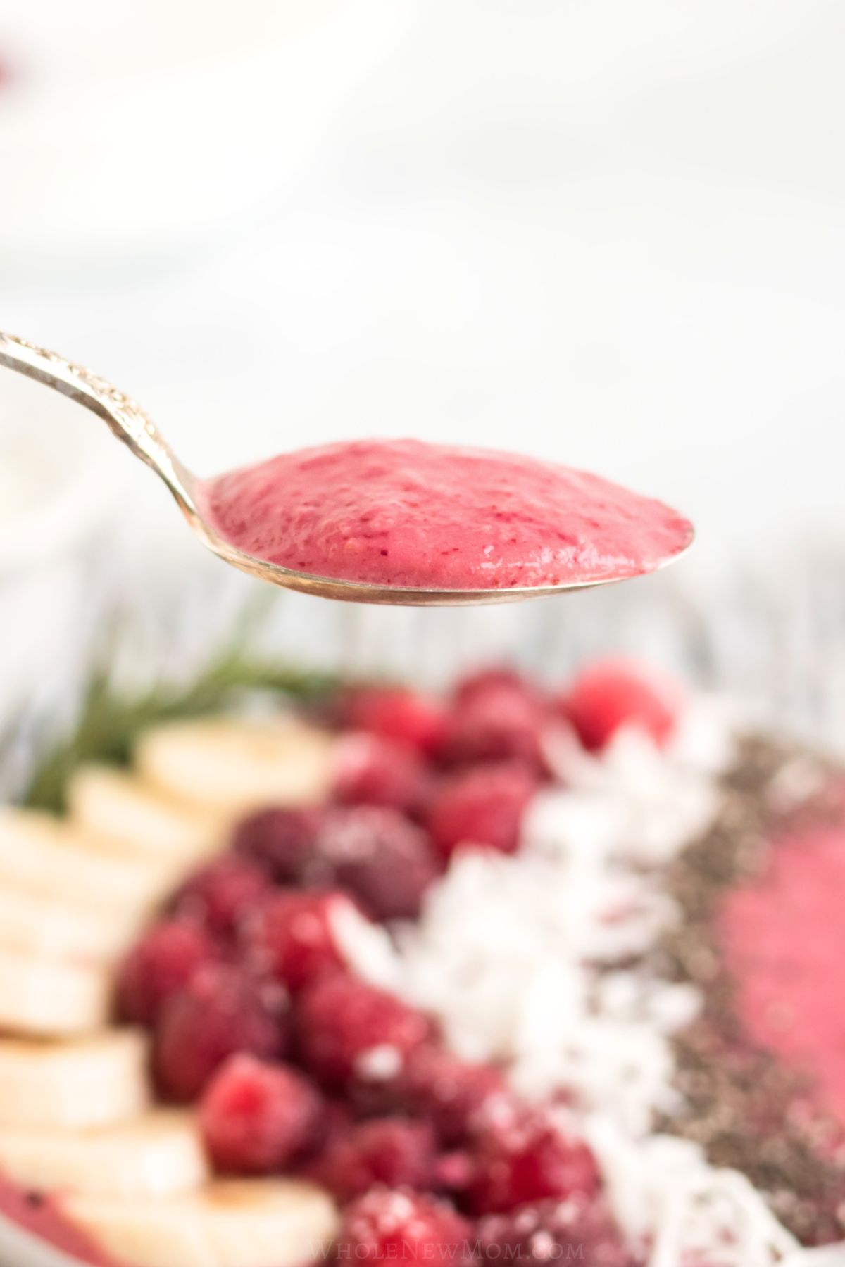 spoon holding cranberry smoothie bowl.