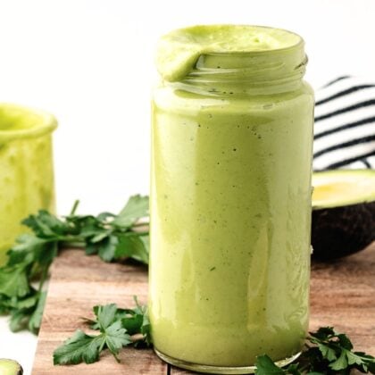 dairy-free avocado dressing in mason jar.