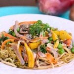 Eggplant noodles with vegetables in a light primavera-style sauce.