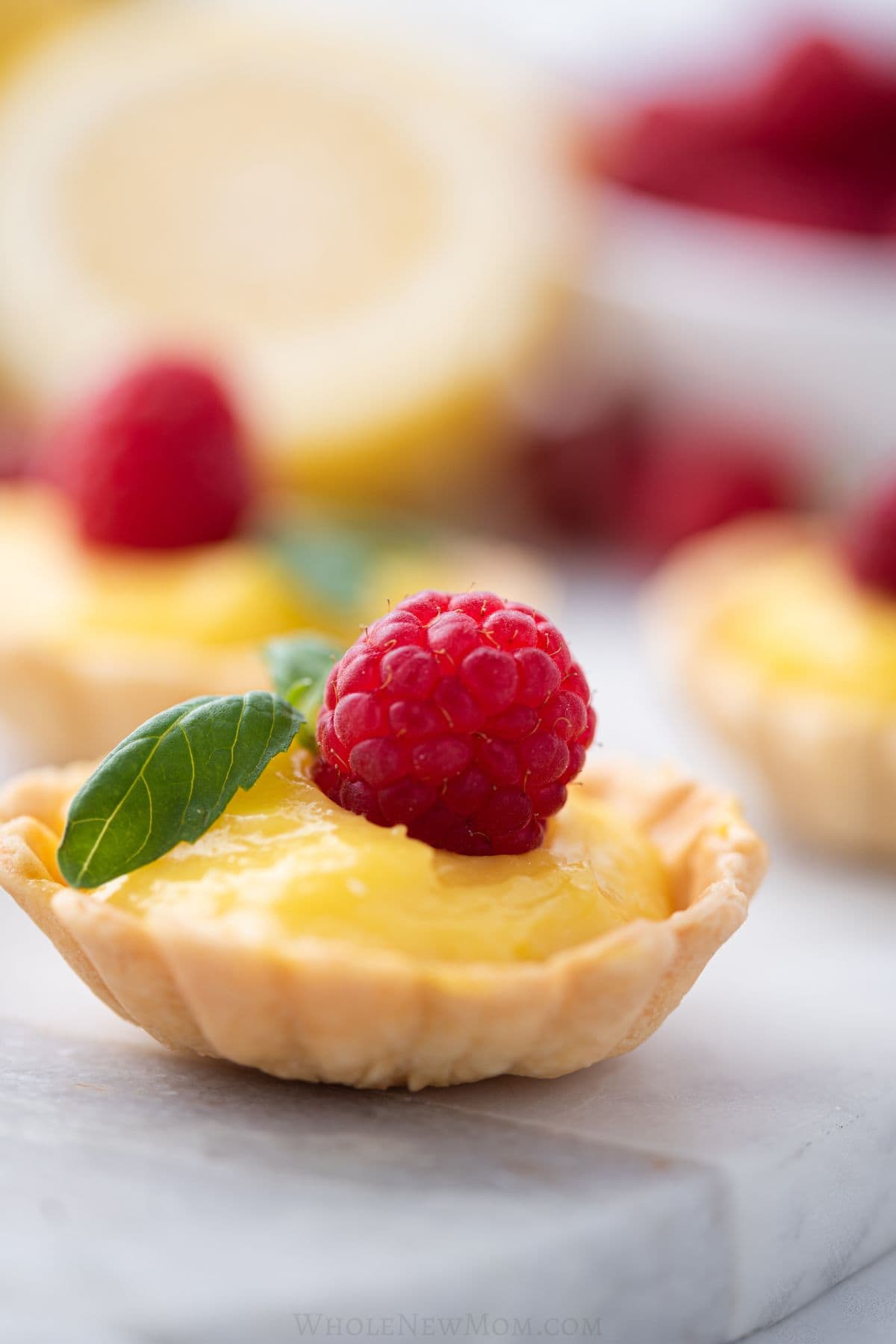 close up gluten free lemon tartlet with lemon curd