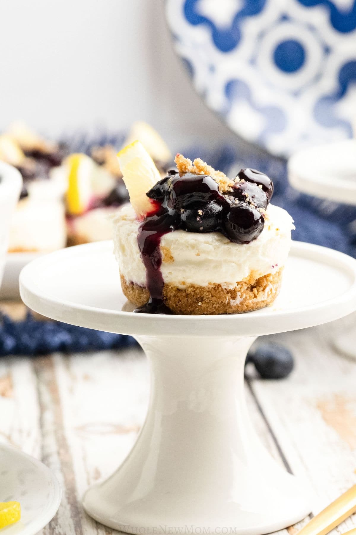 keto no bake cheesecake bite on pedestal.