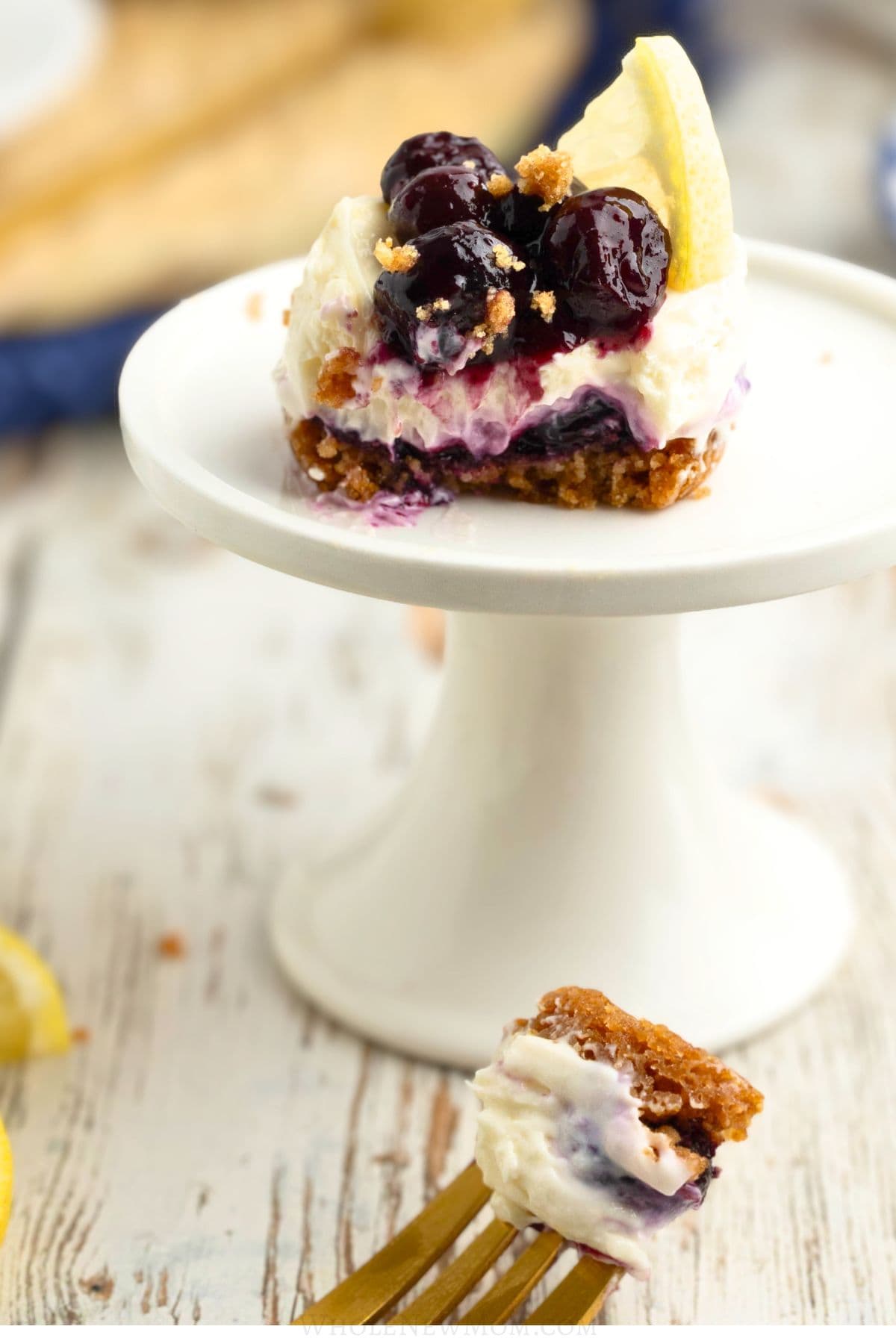 bite size lemon blueberry cheesecake close up.