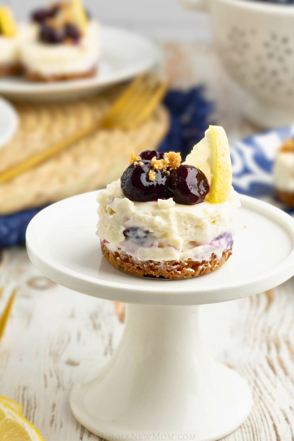 mini cheesecake on pedestal.