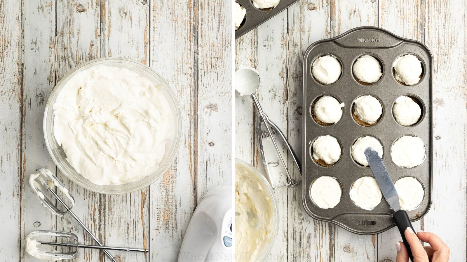 mixing cheesecake filling and smoothing it on healthy mini cheesecake crusts.