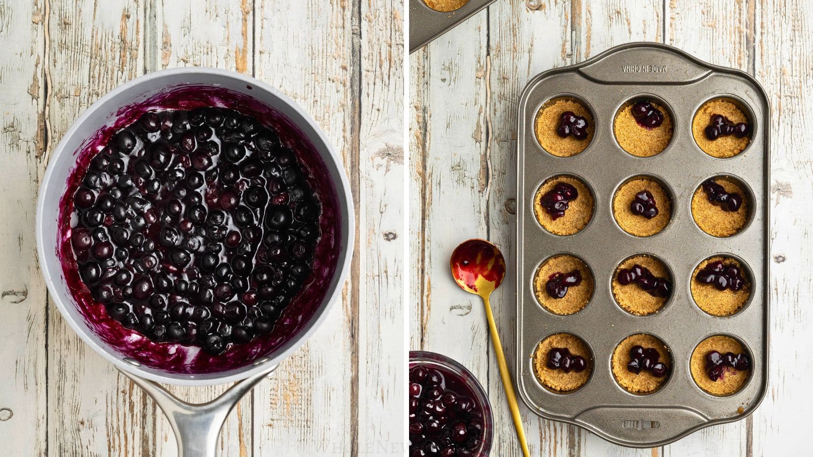 blueberry sauce in pan and putting sauce on cheesecake crusts.
