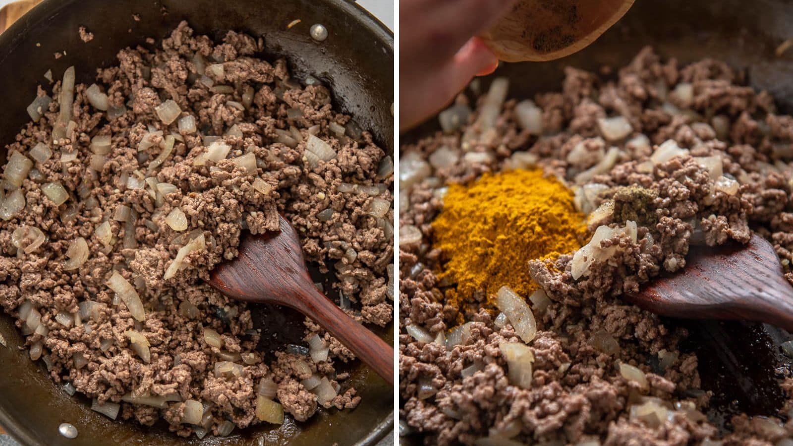 ground beef and onions cooking with spices for ground beef curry.