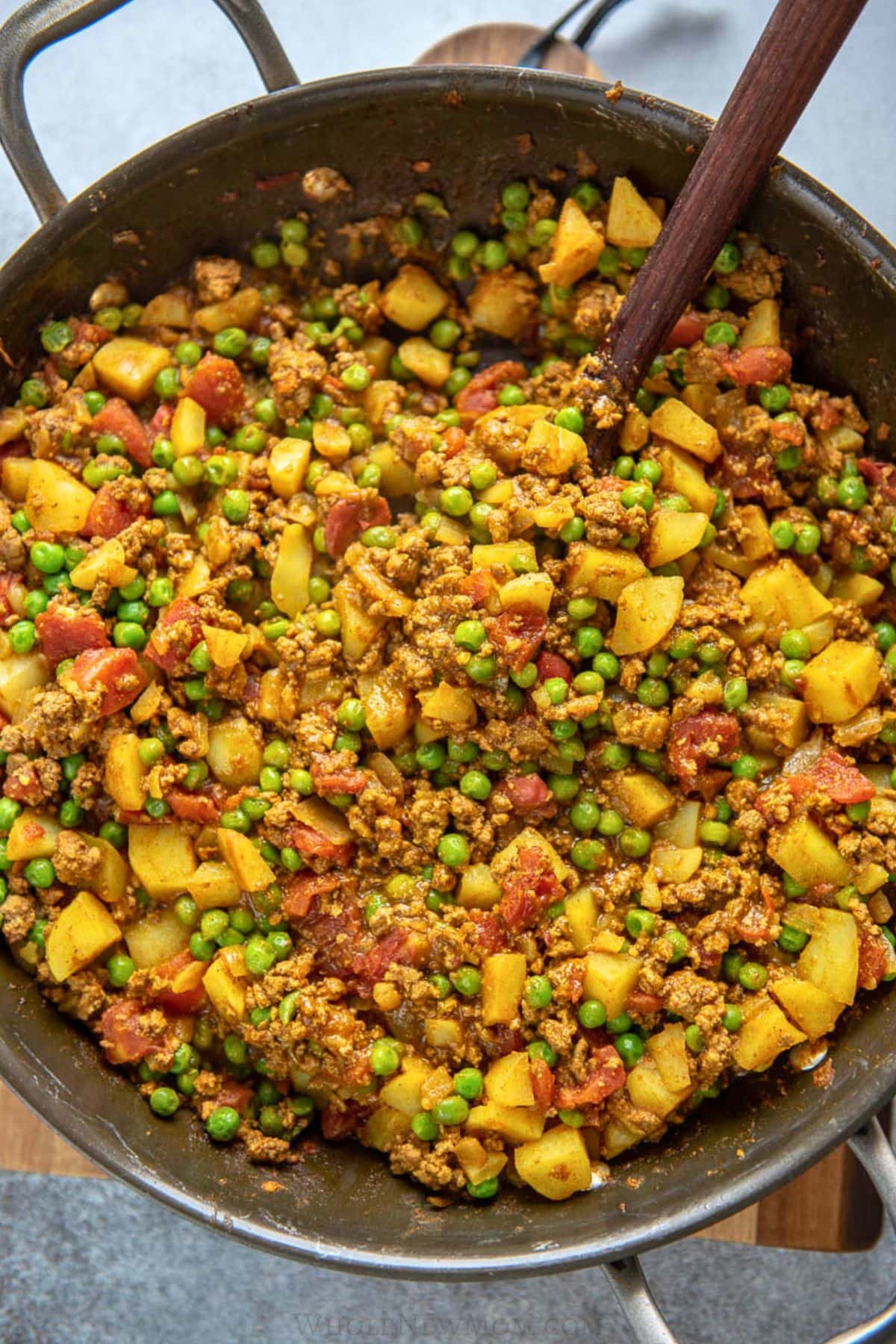 Pakistani Keema (ground beef curry) in pan.